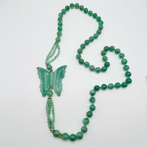 30” Vintage Chinese Jade Butterfly Necklace, Hand-Carved Celadon Jadeite Beads